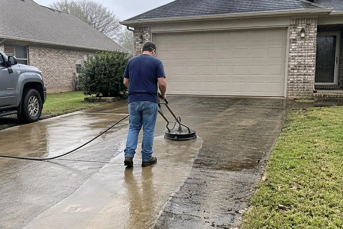 Pressure washing a concrete driveway at a Chattanooga area home